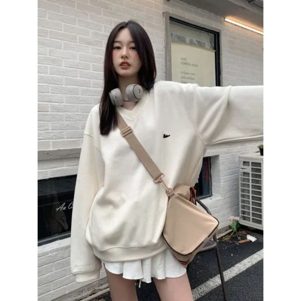 Sweatshirt Women's Lazy Style Retro Simple V-neck Pullover Loose Top Autumn Winter Fashionable Versatile Plus Size Clothing - Image 3