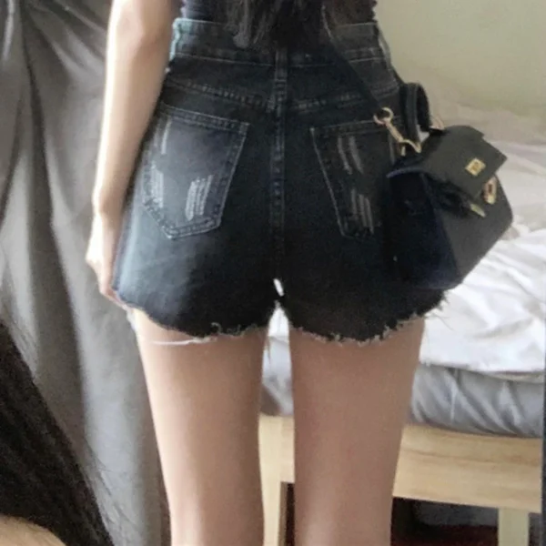 Women Summer Korean High Waisted Denim Ripped Shorts Pants Lady High Street A Line Hot Pants Female Black Grey Wide Leg Jeans - Image 6