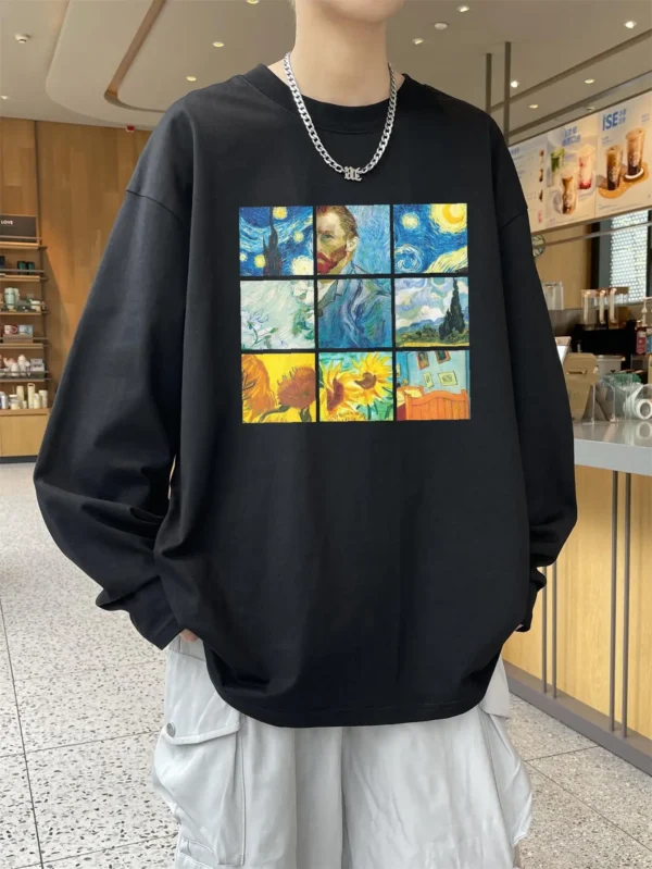 Vintage Y2k Men T-shirts Long Sleeve Designer Brand Autumn Clothing Oversize Cotton Male Tops Harajuku Tees Oil Painting Print