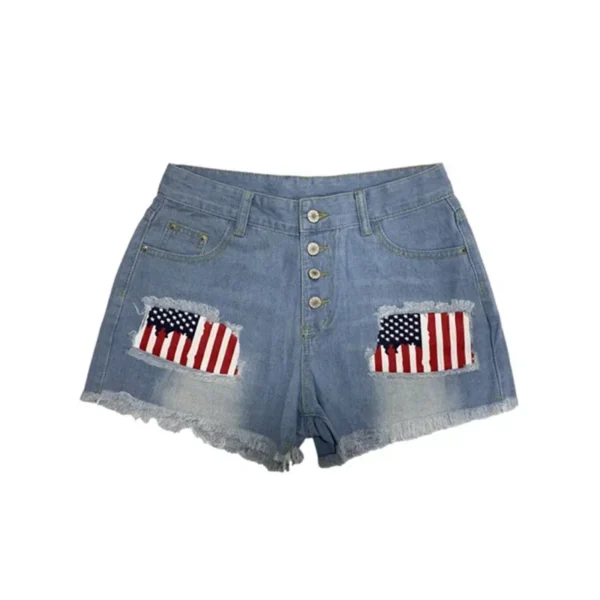 Fashion Flag Motifs Patch Denim Shorts Women Tassel Trouser Legs Three Quarter Pants Summer Female Casual Mini Jeans Streetwear - Image 3