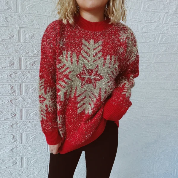 OMCHION Abrigo Mujer 2023 New Year Pullover Gold Thread Jacquard Big Snowflake Elk Christmas Sweater Female New Year Clothing - Image 2