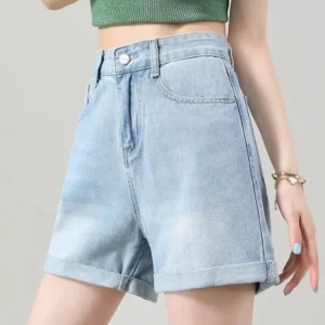 ITOOLIN Women Letter Embroidery Casual Denim Shorts High Waist Loose A-line Jean Shorts Button Up Women Office Trousers Summer