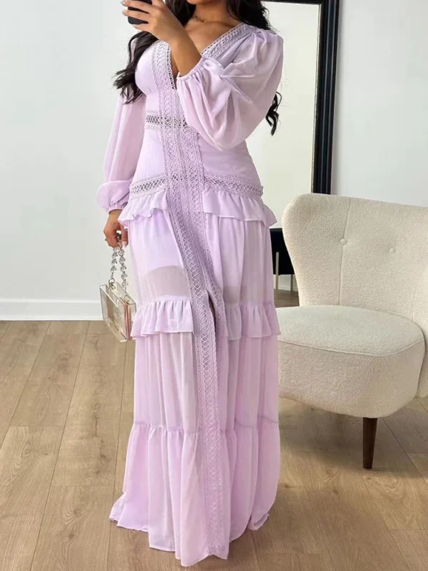 Deep V Neck Spring Autumn Patchwork Party Dress, Women Long Sleeve Hollow Out Maxi Dress, New Fashion Solid Ladies Dress Vestido - Image 6
