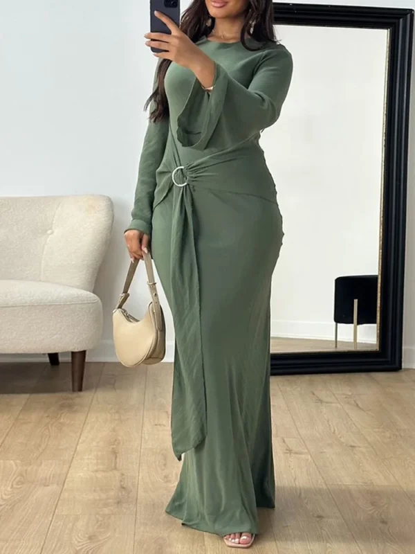 Lacing Up Patchwork Simple Maxi Dress, Women Autumn Long Sleeve Elegant Fashion Party Dress, 2024 O-Neck Solid Slim Ladies Dress - Image 3