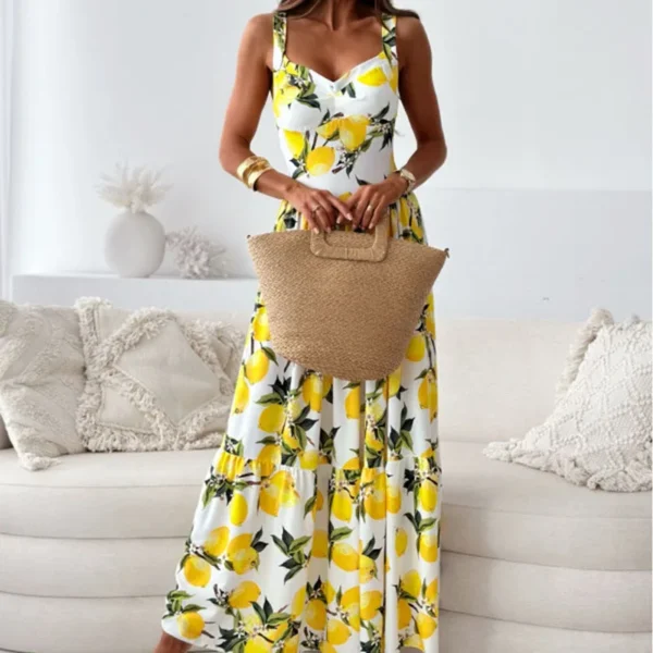 Chic Female High Waist Maxi Dress Summer New Elegant Lemon Printed Holiday Dress 2024 Women Suspender V-neck Long Party Dress - Image 3