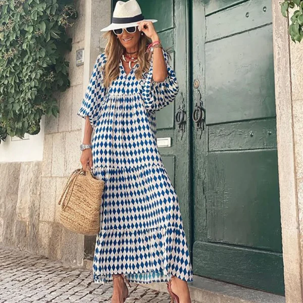 Women Puff Sleeve Boho Maxi Dress Vintage Elegant Fashion Casual Print Floral V-Neck Loose Ladies Holiday Beach Party Vestidos - Image 5