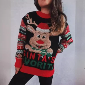 OMCHION Jersey Mujer 2024 New Chic Knitwear Fall And Winter Cartoon Reindeer Flocking Sweater Thick Gothic Clothes Pullover