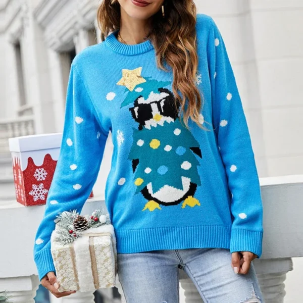 2023 Autumn Winter Women Funny Cute Cartoon Sequins Christmas Party Knitted Sweater Casual O Neck Long Sleeve Loose Tops Jumpers - Image 5