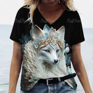 Summer Womens T-Shirt Short Sleeves Tops New V-Neck Clothing 3d Animal Print Pullover Tees Oversized Streetwear Female T-Shirts