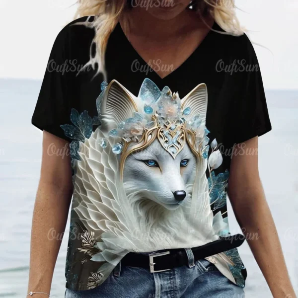 Summer Womens T-Shirt Short Sleeves Tops New V-Neck Clothing 3d Animal Print Pullover Tees Oversized Streetwear Female T-Shirts