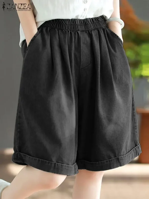ZANZEA Casual Loose Elastic Waist Shorts Women 2024 Fashion Denim Solid Wide Leg Short Pants Summer Leisure Daily Jeans Trousers - Image 5
