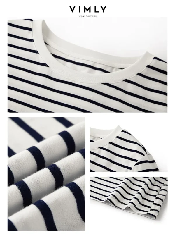Vimly Contrast Striped Cotton Short Sleeve Women's T-shirt 2024 Summer Woman Simple Loose Casual Round Neck Pullovers Top M6563 - Image 5