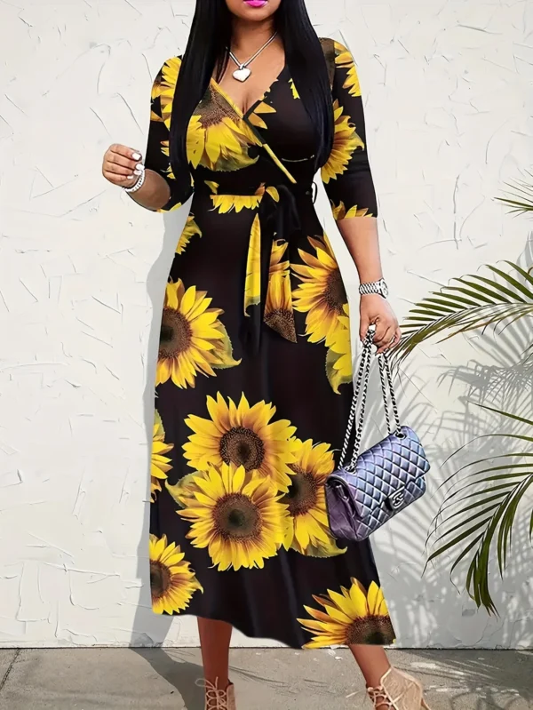 Women Sexy Bodycon Beach Bohemian Maxi Splicing Floral Print Dress for Women Casual Summer Sundress V-Neck 3/4 Sleeve - Image 2