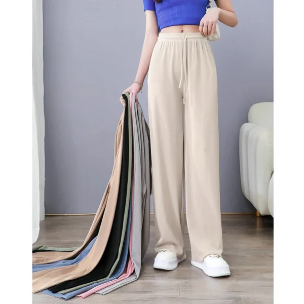 Ice Silk Wide-Leg Pants Women Cool Sweatpants Summer Thin Pleat Loose Straight Pants Office Lady Casual Drawstring Long Trousers - Image 3