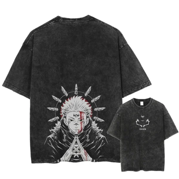 Anime Printed Streetwear Vintage Washed T-shirt Men Harajuku Manga Graphic Print Gojo Acid Wash Tops Tee Shirt Oversized - Image 4