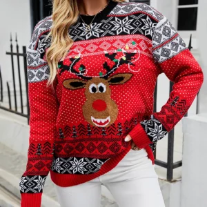 Fashion 2024 Women'S Sweater Women'S Long Sleeve Crew Neck Christmas Deer Knit Pullover Ofertas Y LiquidacióN Todo Barato