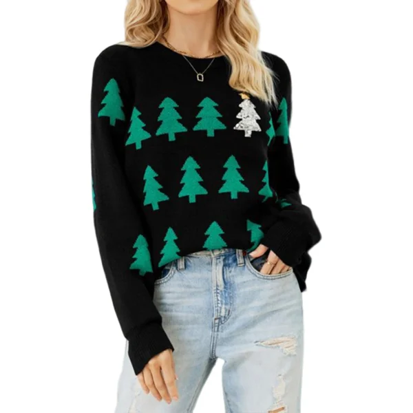Basic Jumpers Loose Fit Christmas Tree Pattern Knitted Top Sweater Long Sleeve Crew Neck Festival Style Vacation Outfit - Image 6