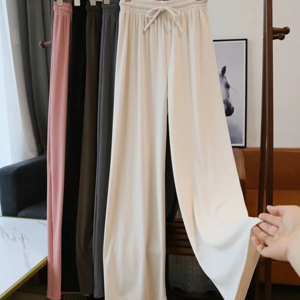 Ice Silk Wide-Leg Pants Women Cool Sweatpants Summer Thin Pleat Loose Straight Pants Office Lady Casual Drawstring Long Trousers - Image 2