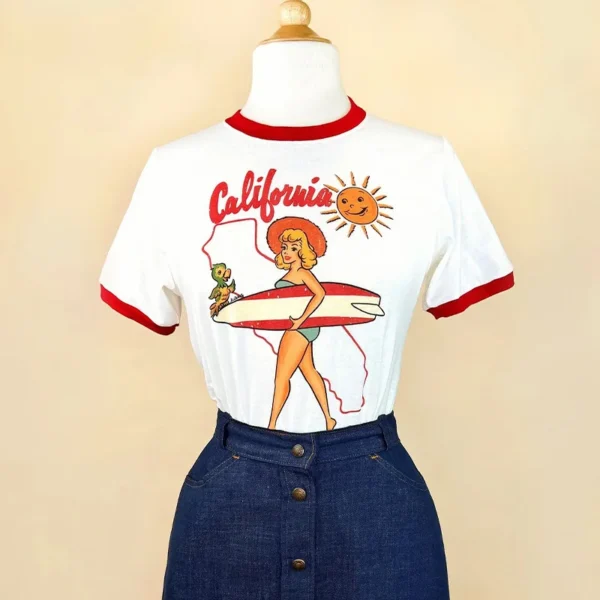 American Vintage Lady California Beach surfing Printing Red Ringer T Shirt Short Sleeve Loose Cotton 80s Summer Casual Tops Tees - Image 4