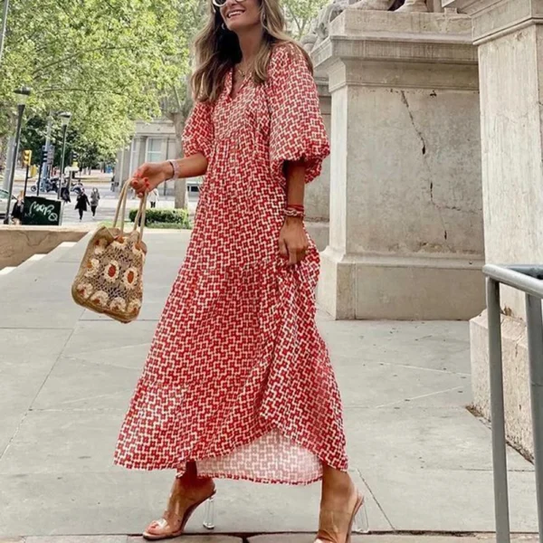 Women Puff Sleeve Boho Maxi Dress Vintage Elegant Fashion Casual Print Floral V-Neck Loose Ladies Holiday Beach Party Vestidos - Image 6