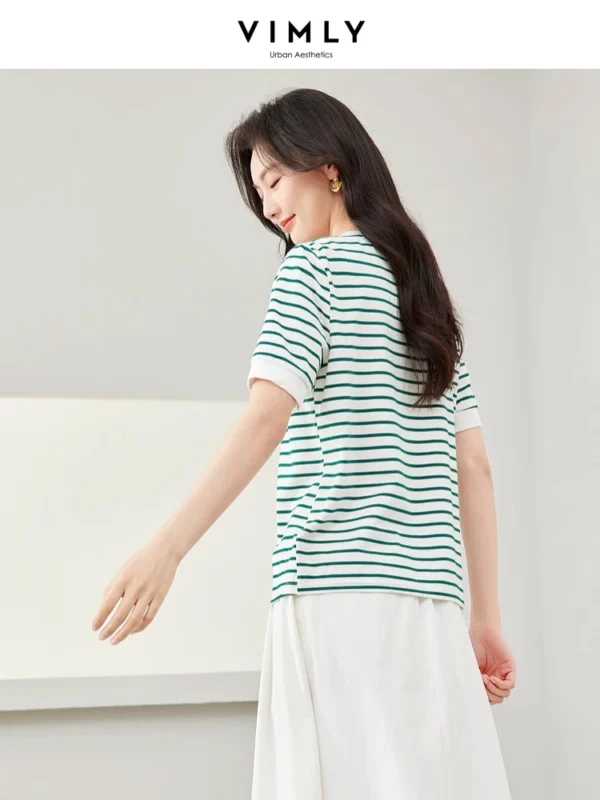 Vimly Contrast Striped Cotton Short Sleeve Women's T-shirt 2024 Summer Woman Simple Loose Casual Round Neck Pullovers Top M6563 - Image 2