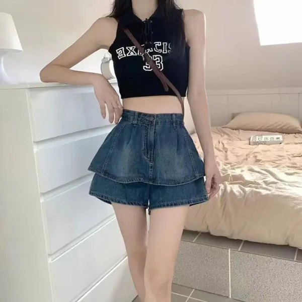 2024 Summer Ruffle Edge High Waist Slim Denim Shorts for Women's New Hong Kong Style Retro Design with Pleated Half Skirt Pants - Image 3