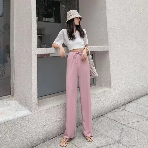 Ice Silk Wide-Leg Pants Women Cool Sweatpants Summer Thin Pleat Loose Straight Pants Office Lady Casual Drawstring Long Trousers - Image 2