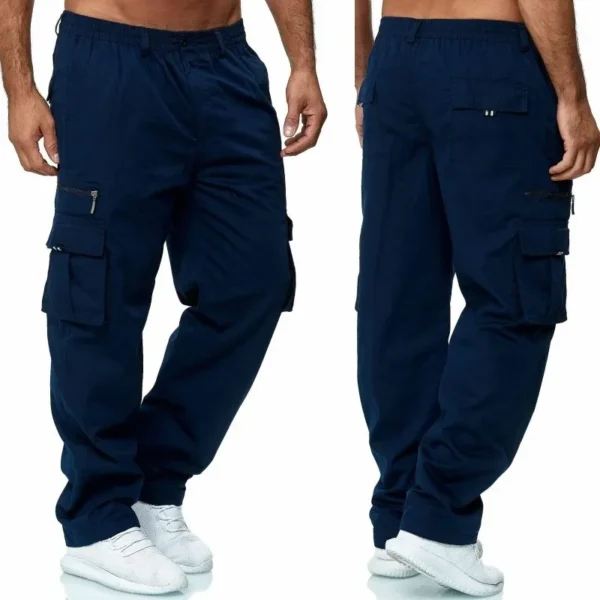 Men's Overalls Outdoor Sports and Leisure Multi-pocket Loose Straight Pants Solid Color Elastic Waist Button Combat Overalls - Image 5