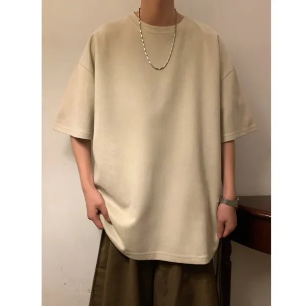Suede T-shirt Men Oversized Fashion Solid Color Retro T Shirt Men Streetwear Summer Loose Short Sleeved T-shirt Mens Top M-3XL - Image 6