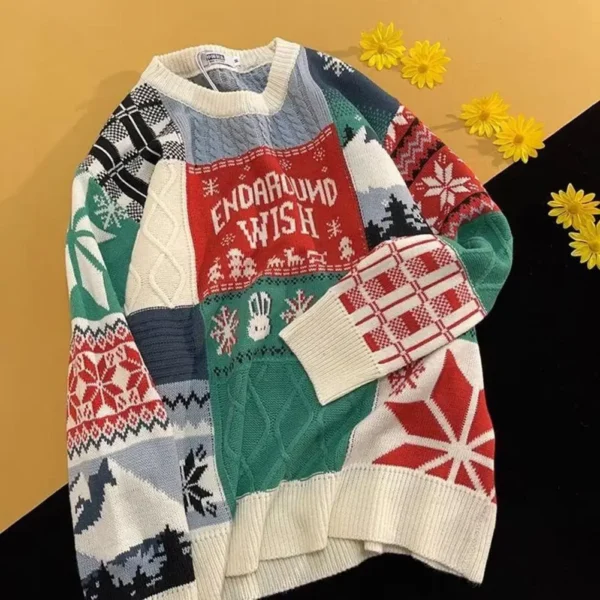 Men Autumn Winter Knitting Sweater O-neck Long Sleeve Christmas Snowflake Print Tops Twist Texture Thickened Retro Knitwear - Image 5