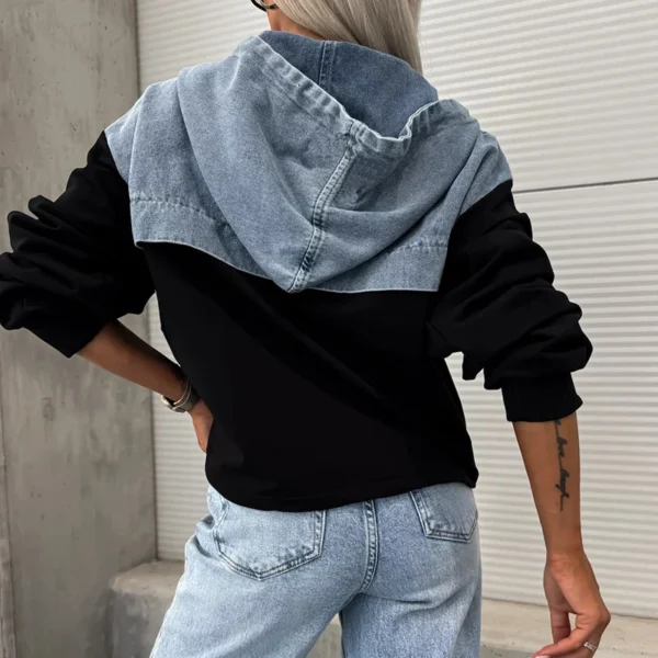 Elegant Women Denim Female Hoodie Sweatshirt 2024 Fashion Stitching Drawstring Hooded Ins High Street Jeans Long Sleeve Hoodie - Image 3