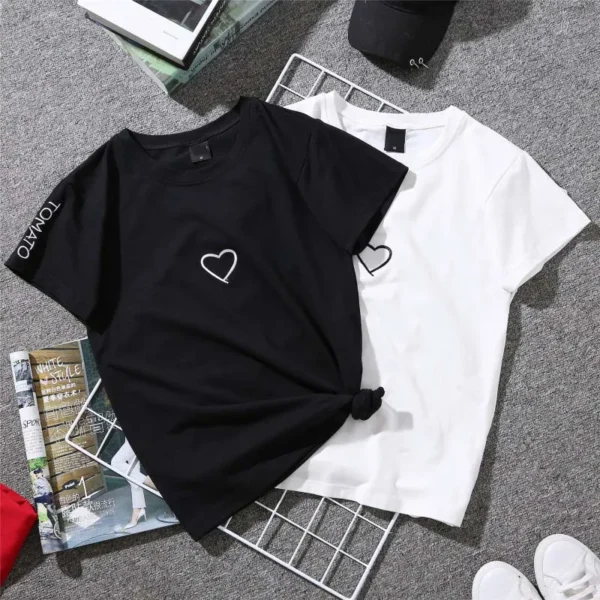 Fashion Harajuku Summer Heart Print T-Shirt for Women Black White Tops Tshirt Ladies Basic T Shirts Love Embroidery Female Tee - Image 2