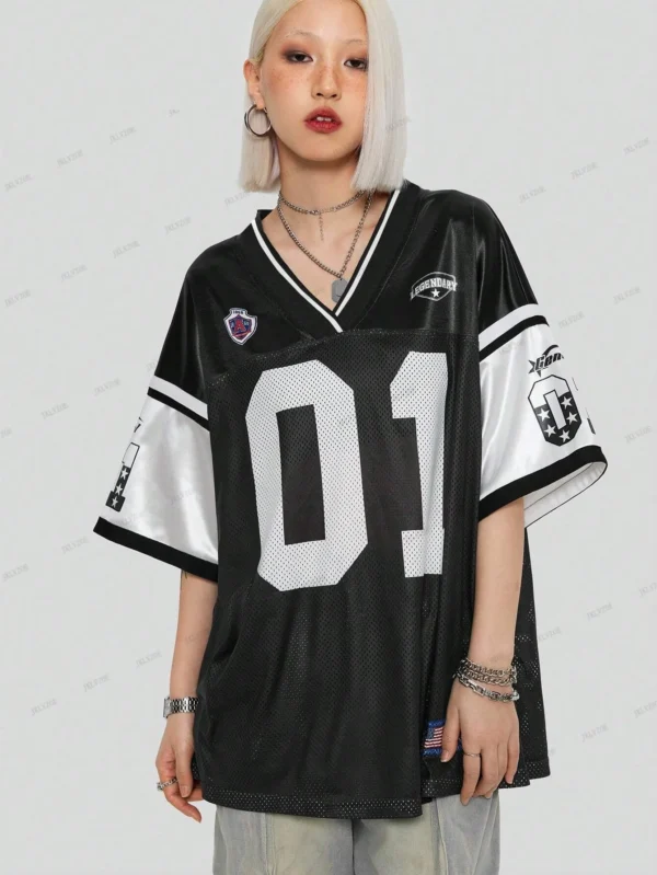 2024 Women's Summer Sport Breathable Mesh Number 01 Printed TShirt Fashion Oversized Casual Football Jersey Streetwear Sportwear - Image 2