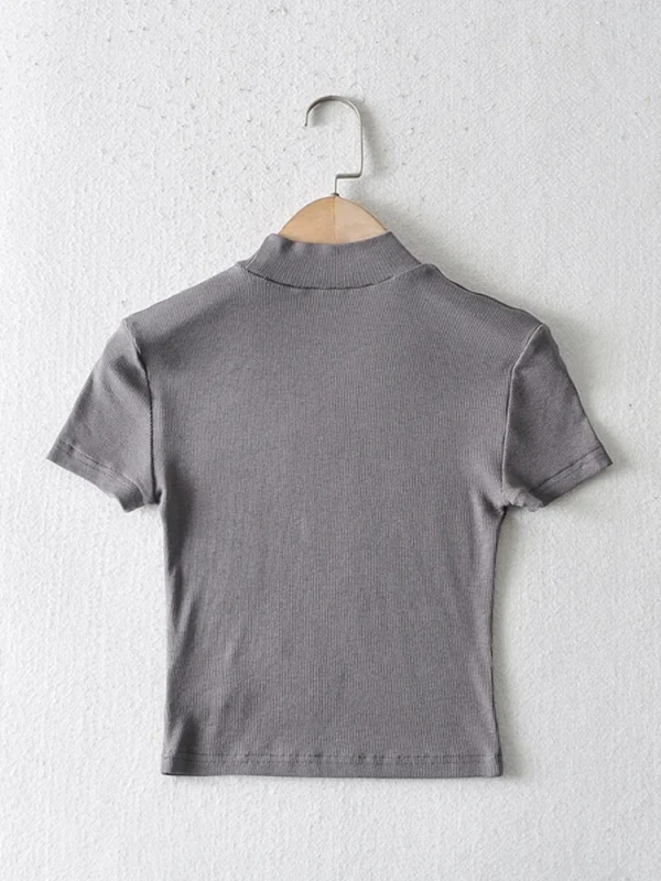 Women Rib Crop Top High Neck Fitted Tees Short Sleeve T-shirt - Image 6