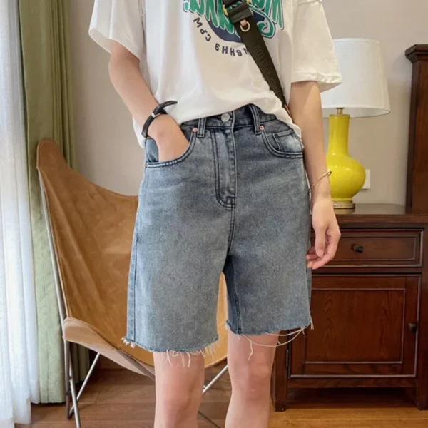 2024 Summer Women High Waist Wide Leg Denim Shorts Pants Button Casual Female Fashion Streetwear Solid Color Stright Jeans - Image 4