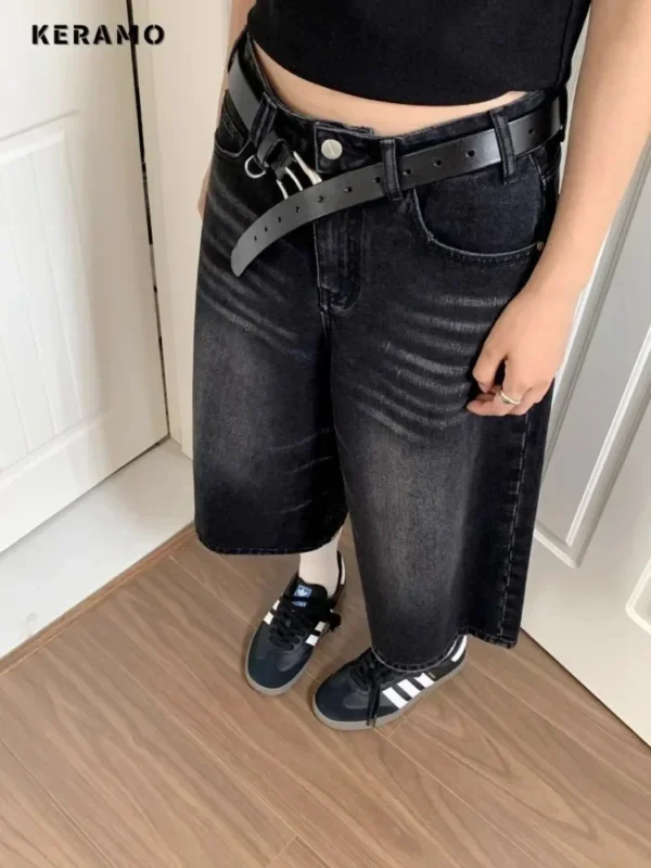 Harajuku Vintage High Waist Black Retro Washed Denim Shorts Women's Fashion Casual Loose Fit Y2K Streetwear Mid Long Short - Image 4
