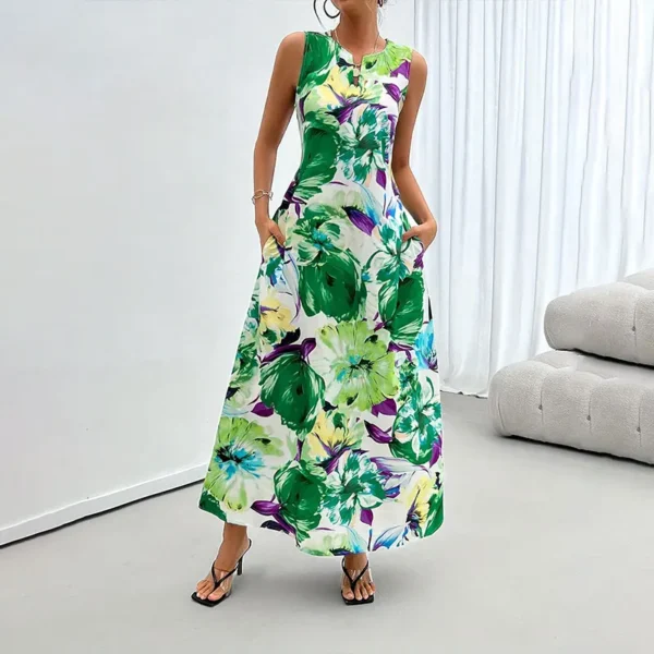 2024 New Spring Summer Daily Casual Dress Urban Street Fashion Sleeveless Dress 3D Flower Print V-Neck Skirt Women's Maxi Dress - Image 2