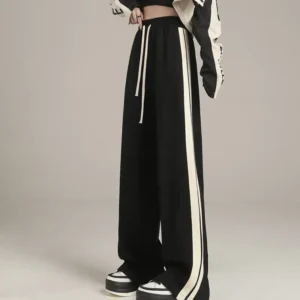 Casual Wide Leg Pants for Women Autumn Winter New Plush Thick Side Stripe Loose Fitting Black Versatile Floor Mop Trousers Trend