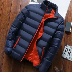 Men's down jacket standing collar long sleeved coatloose thick zippered pocket jacketstreet wear autumn and winter