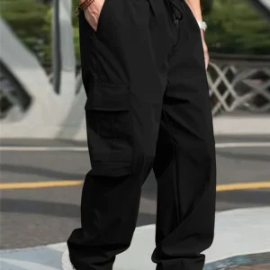 Lente Zomer Mode Casual Pannen Voor Heren Streetwear Effen Kleur Cargo Broek Elastische Taille Wijde Pijpen Heren Joggingbroek