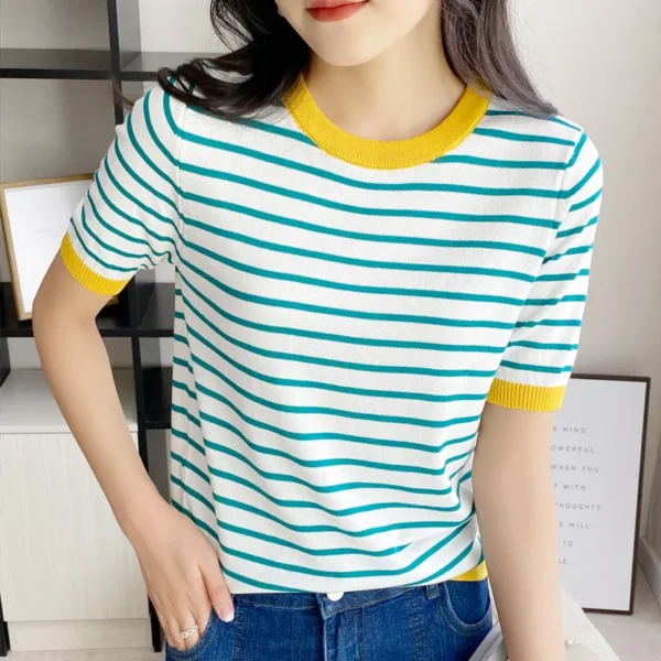 Short Sleeve T-shirts Women Striped Basic Chic Simple All-match Harajuku Retro Cotton O-neck Trendy Loose Leisure Cozy Womens - Image 2