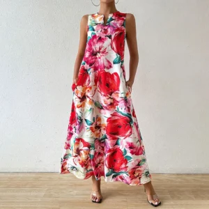 2024 New Spring Summer Daily Casual Dress Urban Street Fashion Sleeveless Dress 3D Flower Print V-Neck Skirt Women's Maxi Dress