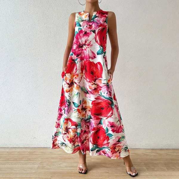 2024 New Spring Summer Daily Casual Dress Urban Street Fashion Sleeveless Dress 3D Flower Print V-Neck Skirt Women's Maxi Dress