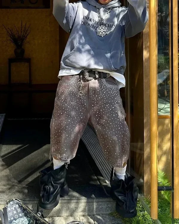 New Streetwear Twinkle Diamond Rivet Denim Shorts Harajuku Goth Retro Washed Brown Shorts High Waist Pants Mens Womens Clothing - Image 4