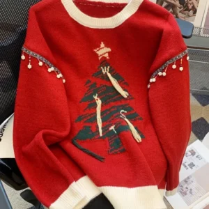 Christma Tree Knit Sweater Pullover Women Fashion Loose Casual Ladies Tops 2023 Winter Long Sleeve O-neck Knitwear Jumpers