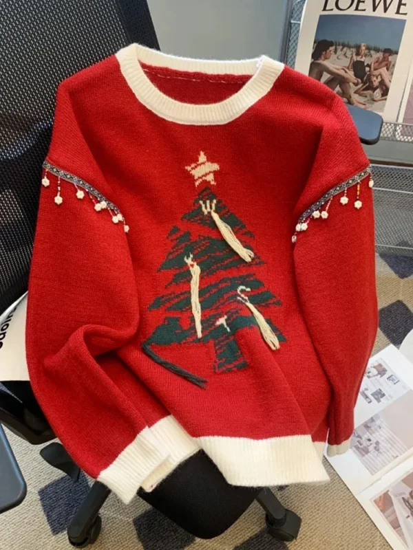 Christma Tree Knit Sweater Pullover Women Fashion Loose Casual Ladies Tops 2023 Winter Long Sleeve O-neck Knitwear Jumpers