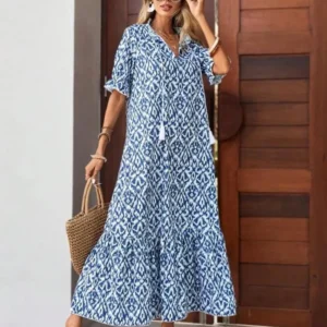 Women's Summer Chiffon V Neck Short Sleeve Floral Flowy A Line Maxi Dress Boho Flounce Tiered Swing Long Beach Dresses ON SALE