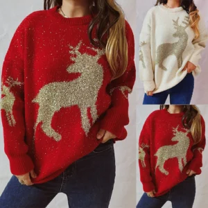 2024 New Winter Christmas Sweater Women's Deer Printed Crewneck Pullover Sweater Casual Soft Warm Sweater Female Knitwear Tops