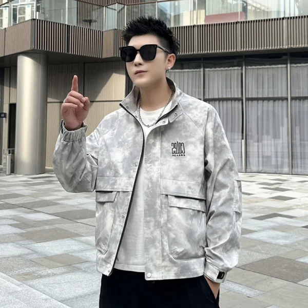 Autumn Men Workwear Jacket Hip Hop Old Tie Dye Embroidered Letters Stand Up Collar Jacket Casual Loose Fit Coats Streetwear - Image 2