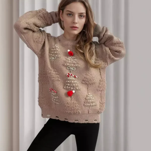 Christmas Sweater Women 2024 Korean Style O Neck Casual Loose Jumper Women Chic O Neck Peark Bow New Year Sweater Knitwear - Image 2